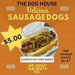 Come try our all beef sausage dogs topped with our Murray's sauteed onions and our bold & sweet doggy sauce.